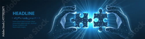 Two connected puzzles and two hands. Partner collaborate, cooperate implement, digital solution, puzzle jigsaw, company merge, matching connection, business collaborate, partnership, teamwork concept.