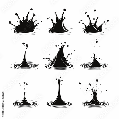 Collection of black liquid splashes and drops in various dynamic formations, representing fluid dynamics and impact