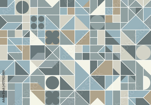 Abstract geometric pattern with various shapes and shades of blue, gray, and beige, creating a modern design.