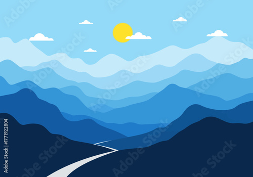Blue mountain range landscape with road and sun illustration.
