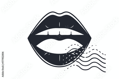Open mouth emits wavy lines and dashed patterns in a stark black and white