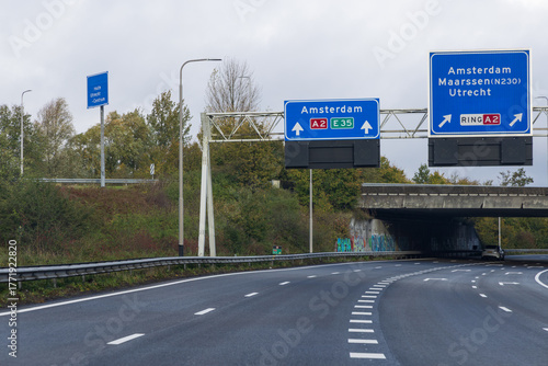 Canvas Print Highway signs on the A2 near Amsterdam, showing directions to Amsterdam, Maarssen (N230), and Utrecht