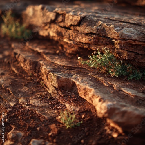 Weathered Rock Layers - Warm Light on Eroded Stone with Sparse Greenery.