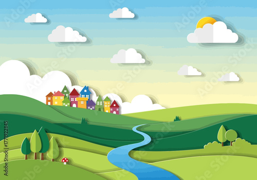 A vibrant paper-cut style illustration of a serene landscape with rolling green hills, a river, and a village.