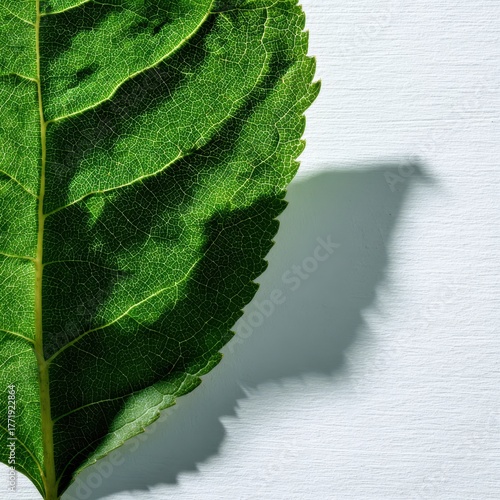 Vibrant Green Leaf Detail with Striking Shadow on Textured White Surface.