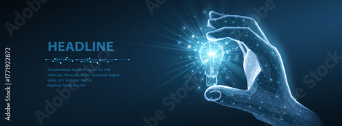 Bulb in hand. Glowing light bulb in man hand isolated on dark blue. Creative idea, patent, digital solution, future technology, business innovation, hi tech electric, smart vivision concept

