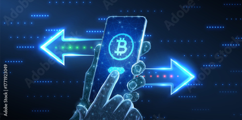Crypto transfer. Phone in hands with bitcoin symbol and arrows. Money exchange, mobile banking, digital wallet, fast payment, send transaction, online transfer, smart pay, crypto transfer concept.

