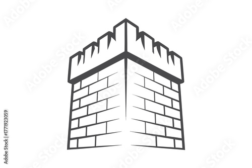 Outlined castle turret rises with classic medieval fortification on clear white backdrop