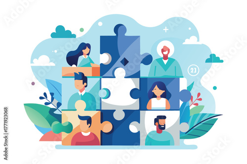 Teamwork and collaboration concept with puzzle pieces and diverse people