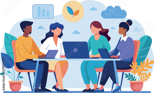 Diverse team collaborating on project at desk with laptops brainstorming session