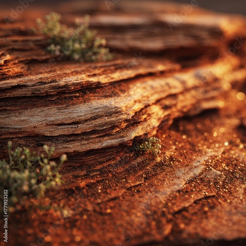 Textured Layers of Ancient Rock with Green Growth, Bathed in Warm, Golden Sunlight.