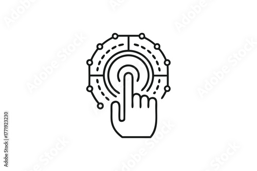 Outline hand touches the center of a connected digital interface on a white background