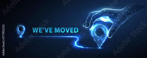 We have moved banner. Two pin icons with move path and hand. New office location, change business address, relocate store or shop, change site address concept

