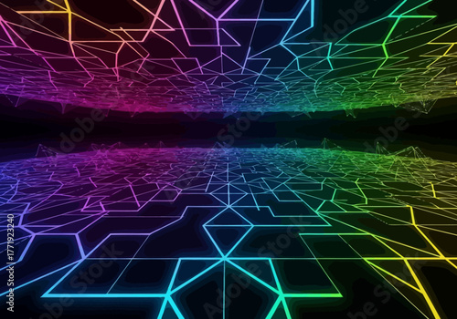 Abstract futuristic background with a glowing rainbow-colored digital grid stretching into infinity on a dark plane.