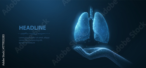 Lung health. Abstract 3d lung on hand. Lung care, tuberculosis awareness, world cancer day, pneumonia patient, organ anatomy, pulmonary medicine, corona virus, lung donor concept. Isolated on blue.

