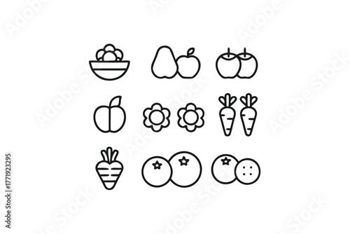 Outlined fruits and vegetables are nicely arranged on a clean white background