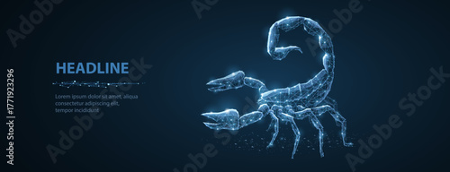 Scorpio. Abstract 3d scorpio isolated illustration on blue. Fantasy style. Polygonal wireframe vector. Line drawing. Futuristic technology, astrology esoteric, astrological constellation concept.


