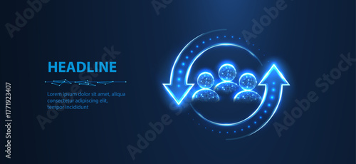 HR update. Three man icons inside arrows in the circle form. Human resource changes, employee retentioin, personnel update, workgroup support, staff retain, hr change concept. Abstract 3d pictogram

