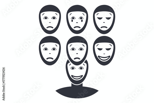 Person displays different emotional masks above himself representing sadness, happiness, and neutral expressions