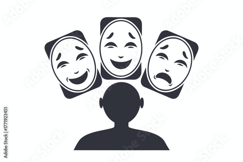 Person in shadow has various emotion face masks of happiness sadness and neutrality