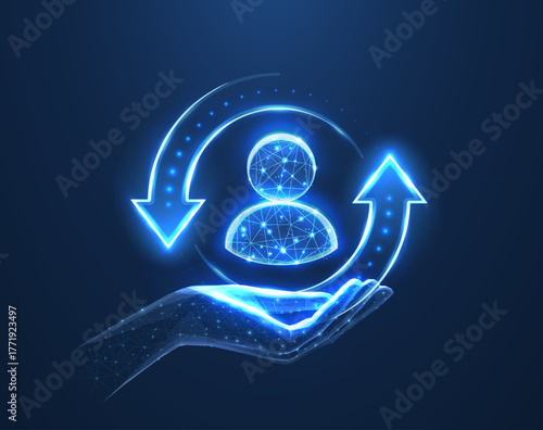 Customer support. Client icon on hand isolated on blue. All inclusive customer care, client servise, employee retention, human resourse, quality client assistance, consumer protect, user help concept

