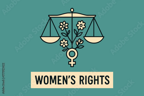 Symbol of justice and equality with female symbol and flowers on teal background