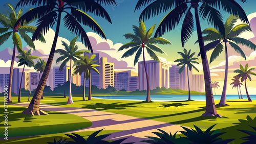 Very beautiful view of palm trees (Arecaceae) casting long shadows on grassy parkland in the Waikiki area of Honolulu, Oahu, Hawaii, USA, with tropical greenery and sunny skies creating a serene urban