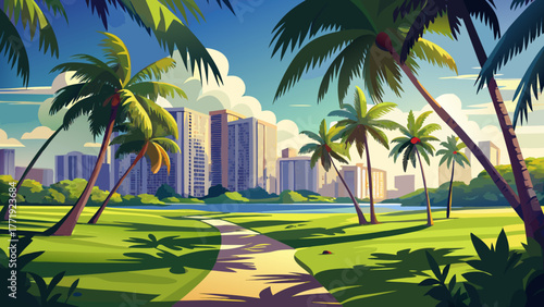 Very beautiful view of palm trees (Arecaceae) casting long shadows on grassy parkland in the Waikiki area of Honolulu, Oahu, Hawaii, USA, with tropical greenery and sunny skies creating a serene urban