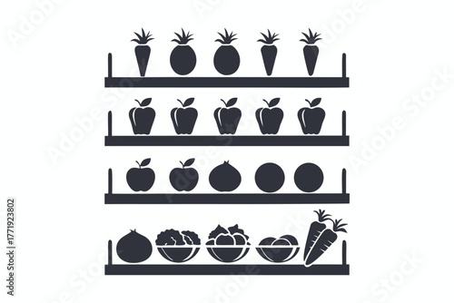 Silhouette of fruits and vegetables displayed neatly on several dark gray shelves against a white background