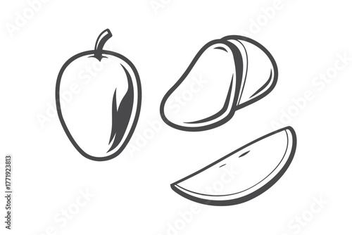 Silhouette mango showing whole fruit, two halves and slice on plain background