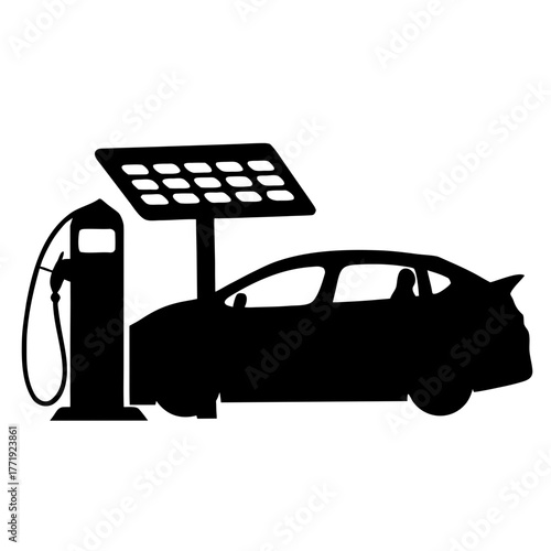 Silhouette of an electric car parked at a charging station powered by a solar panel on a white background