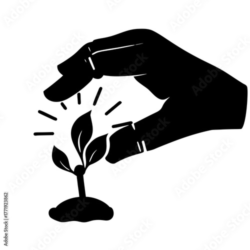 Hand nurturing a small plant with radiating light in a black and white silhouette illustration