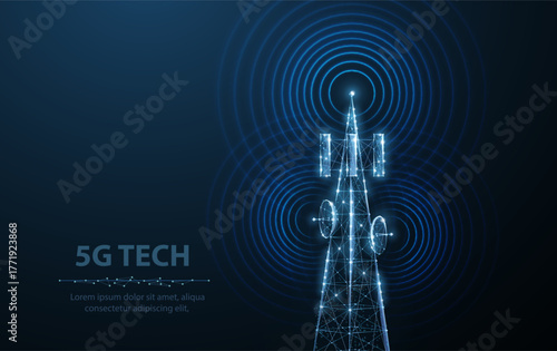Abstract antenna mast on blue. 5G technology, telecommunication industry, telecom network, broadcast television, cell phone, 5G telecommunication, city communication, LTE transmitter concept.

