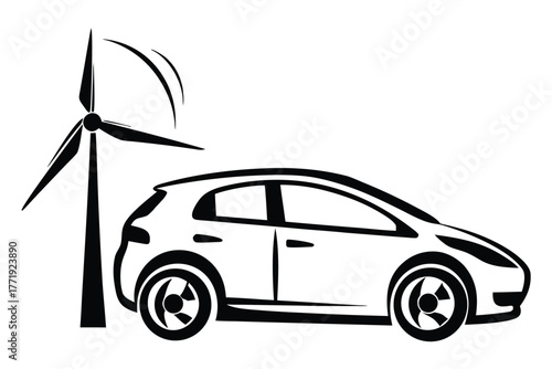 Silhouette presents hatchback vehicle displayed near wind turbine, showcasing innovation and sustainable energy