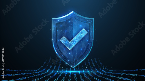 Secure technology. Polygonal wireframe shield with check mark sign on dark blue. Secure service, protect data, cyber shield, antivirus solution, internet safety, firewall system, privacy concept

