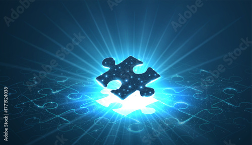 Single puzzle under a puzzle pattern with a shining bright puzzle hole. 3d abstract low pole. Business strategy, success digital solution, jigsaw games symbol. Creative idea, corporate mission concept