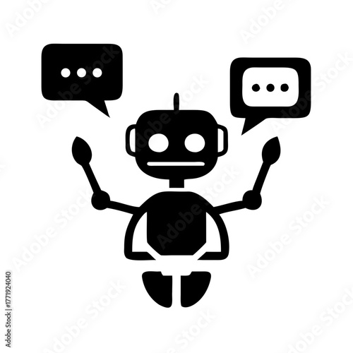 A black robot with speech bubbles holding drumsticks in a white background vector illustration art