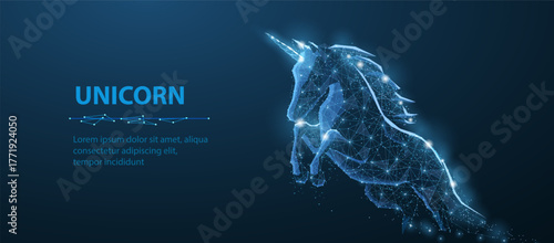 Abstract jumping unicorn. Venture investment, digital business, background magic symbol, unicorn startup, dream animal, technology start, nature freedom, venture startup concept. Mystery wallpaper.

