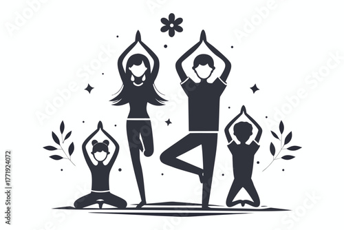 Silhouetted family strikes yoga poses together amidst leaves and stars in monochrome art