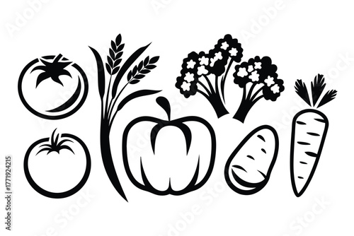 Simple black drawings of tomatoes, wheat stalks, pumpkin, broccoli, potato and carrot