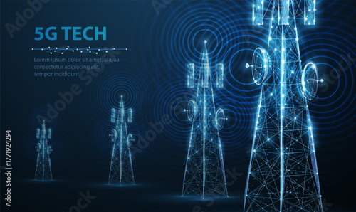 Abstract antenna mast on blue. 5G technology, telecommunication industry, telecom network, broadcast television, cell phone, 5G telecommunication, city communication, LTE transmitter concept.

