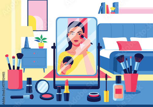 Flat vector of woman applying makeup at vanity mirror surrounded by brushes and cosmetics, beauty and self-care concept