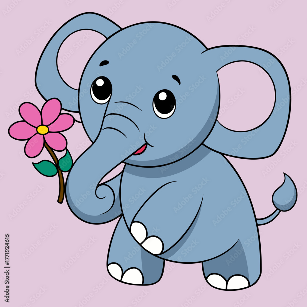 Fototapeta premium Cute cartoon elephant holding a pink flower with big eyes silhouette