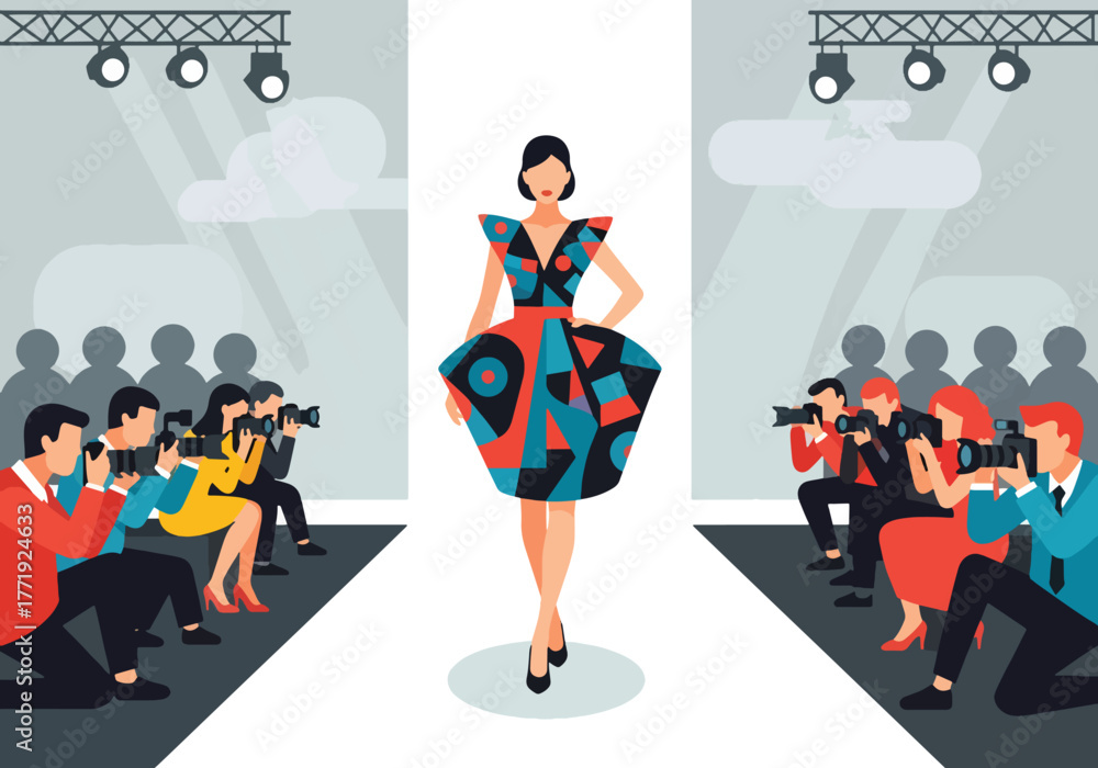 Obraz premium Flat vector of model walking fashion runway with photographers and lights, elegance and glamour concept
