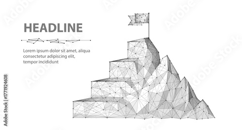 Digital mountain and ladder with flag on top. Tech goal chart, leadership path, digital technology success, career ladder, business plan, concept step, mission vision, level concept

