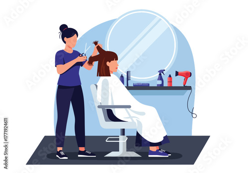 Flat vector of hairstylist cutting woman’s hair in modern salon, personal grooming and fashion care illustration