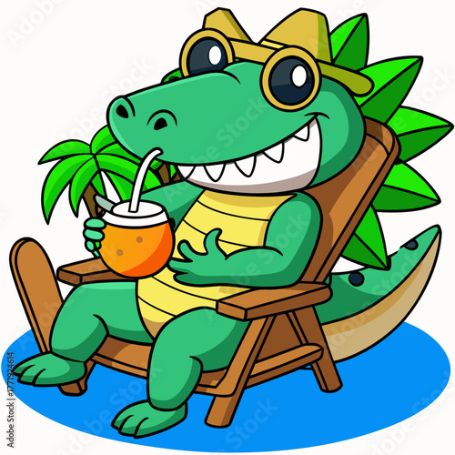 Happy cartoon alligator relaxing in a beach chair with a drink silhouette