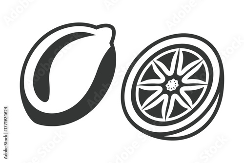 Simple monochrome drawing of a whole lemon and a crosssection reveals segments