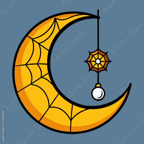 Yellow crescent moon with spiderweb design and hanging lantern silhouette