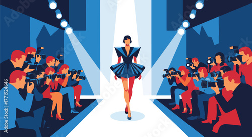 Flat vector of model walking fashion runway with photographers and lights, elegance and glamour concept